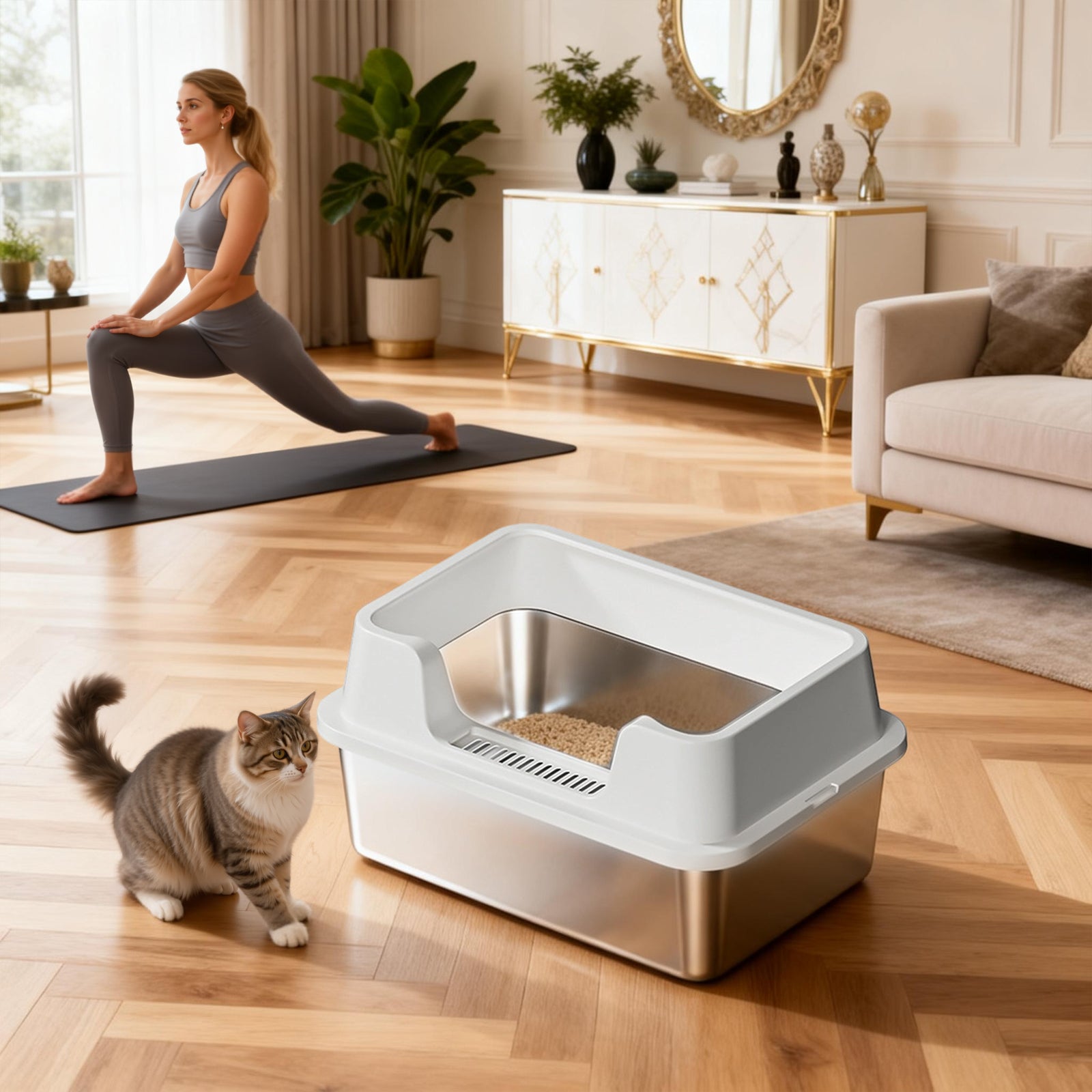 Litière en acier inoxydable blanc taille M avec pare-éclaboussures